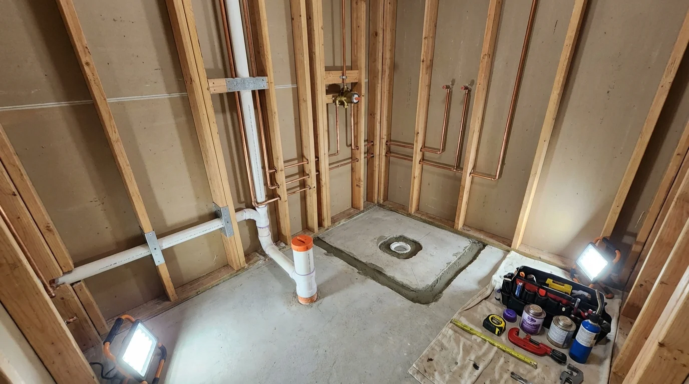 Bathroom rough-in plumbing during remodel by Johns Plumbing LLC in Grayslake