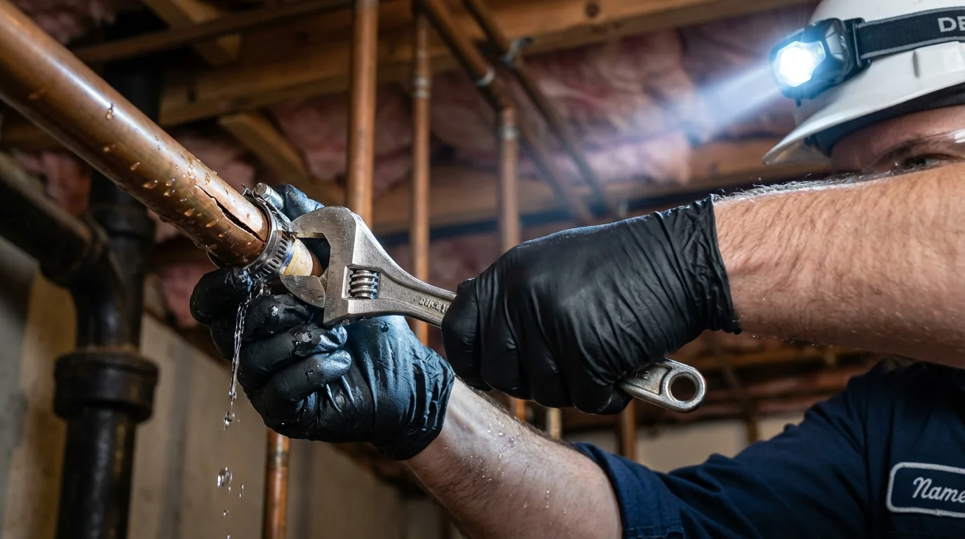 Emergency pipe clamp repair being performed by a Johns Plumbing LLC plumber in Grayslake