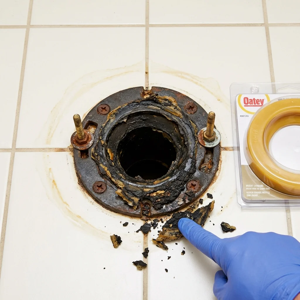 Failed wax ring showing water seepage at the base of a toilet in a Grayslake, IL home