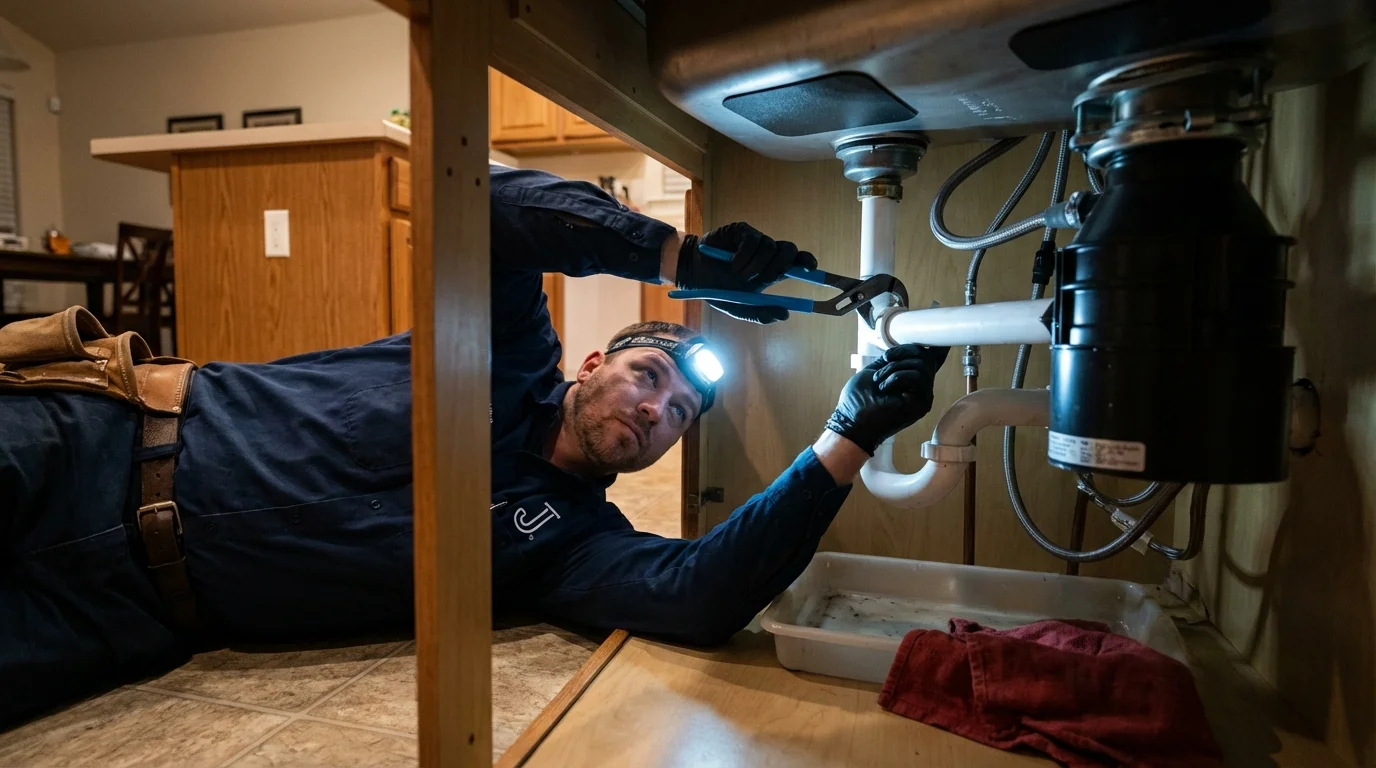 P-trap and supply line connections under a kitchen sink showing a common leak point in Grayslake, IL